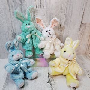 Four Chrisha Plush Easter Bunnies wearing Coat in Blue White Green Yellow 1997